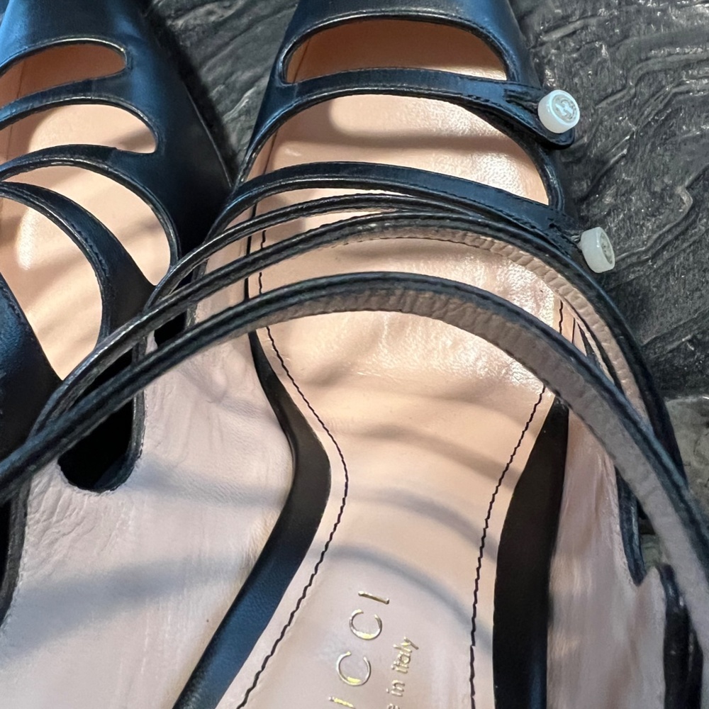 Gucci Black Leather Strappy Pointed-Toe Heels with Gold Buttons - Picture 6 of 11